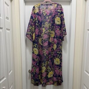 Navy Sheer Maxi Kimono Dress with Pink & Yellow Floral Print